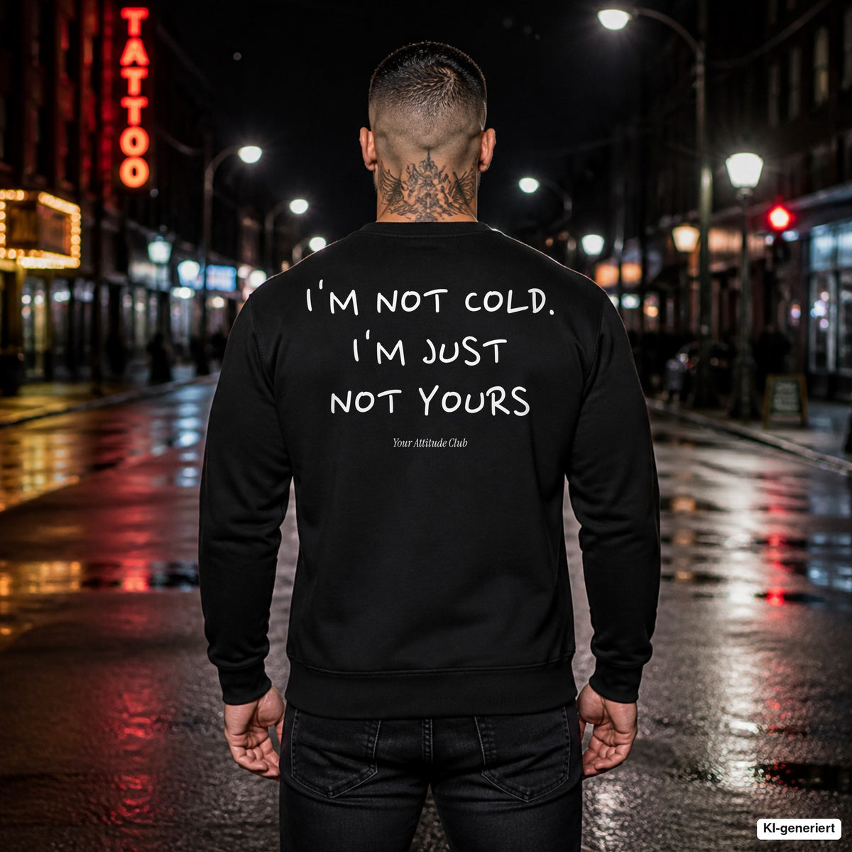 I’m not cold. I’m just not yours – schwarzer Pullover mit weißem Backprint, Herren in der Stadt bei Nacht