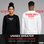 Reading smut is sexy – Pullover wahlweise mit Frontprint oder Backprint – Frau vorne in Schwarz, Mann hinten in Weiß