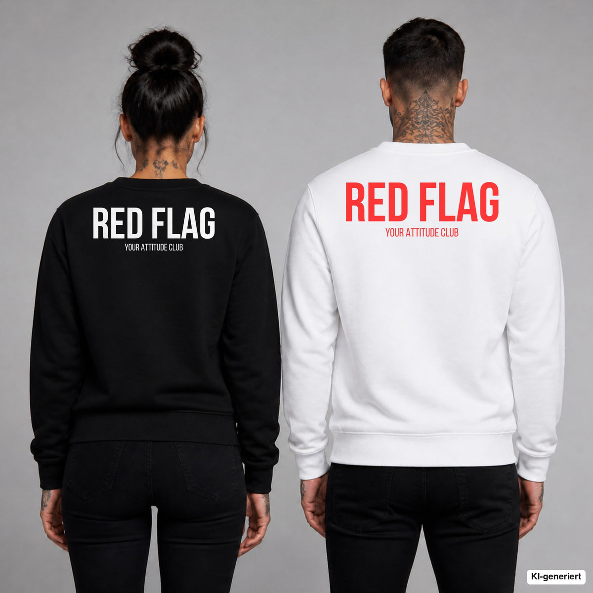 RED FLAG – Pullover mit Backprint, Frau in Schwarz und Mann in Weiß