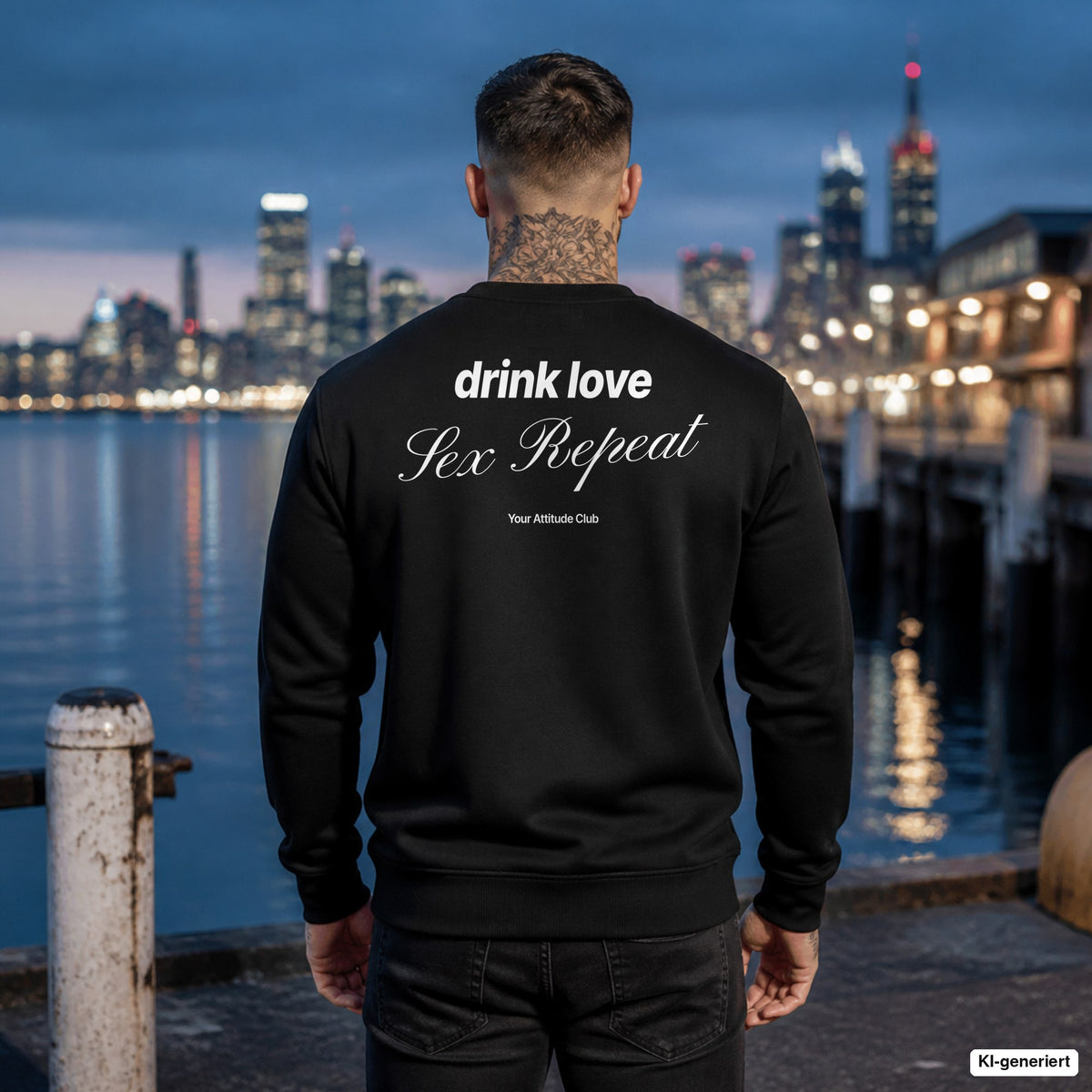 Drink, love, sex, repeat – schwarzer Pullover mit weißem Backprint, Herren am Hafen