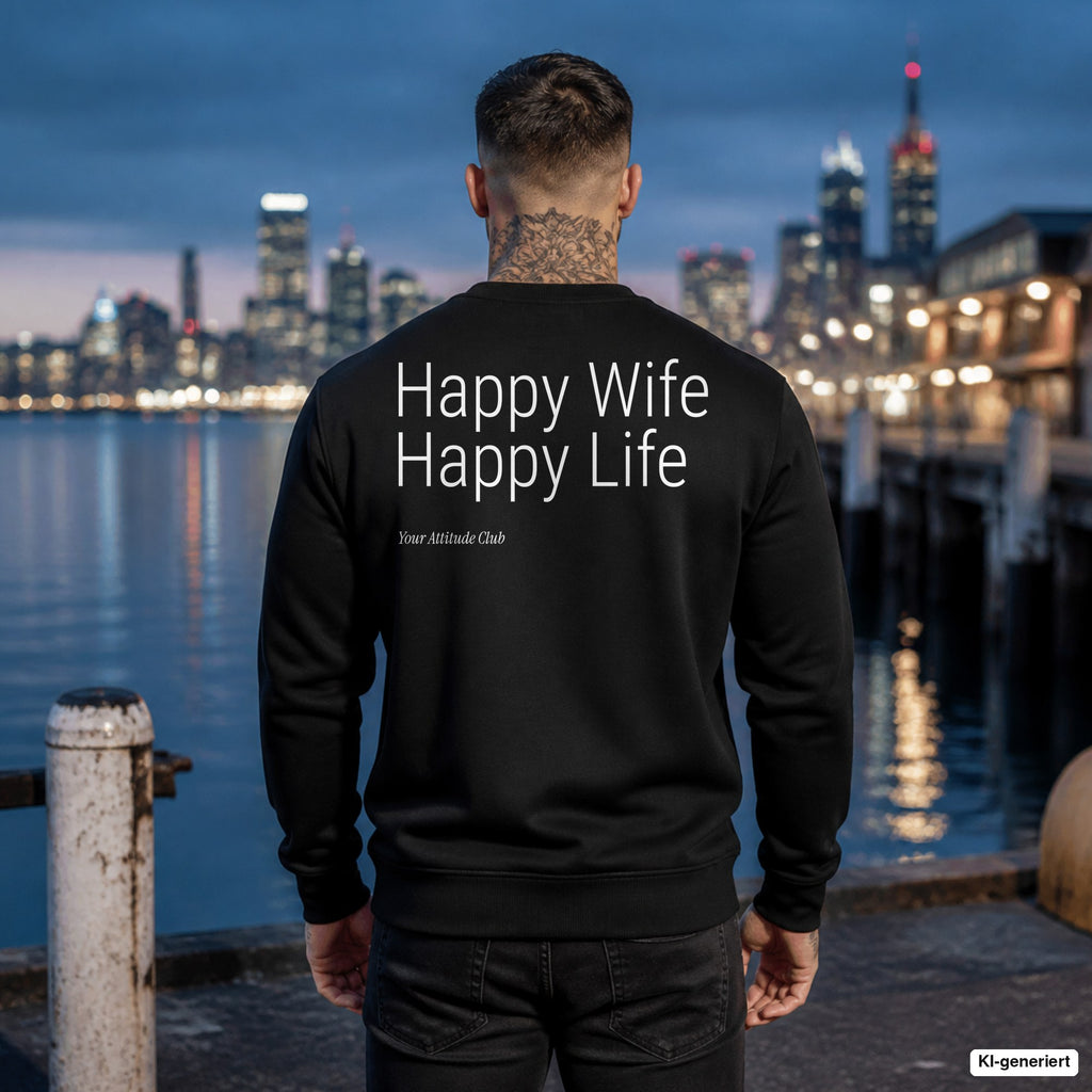 Happy wife, happy life – schwarzer Pullover mit weißem Backprint, Herren am Hafen