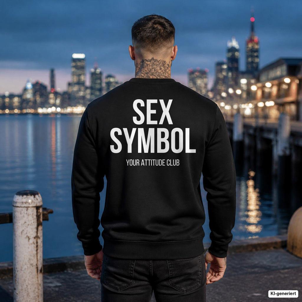 SEX SYMBOL – schwarzer Pullover mit weißem Backprint, Herren am Hafen