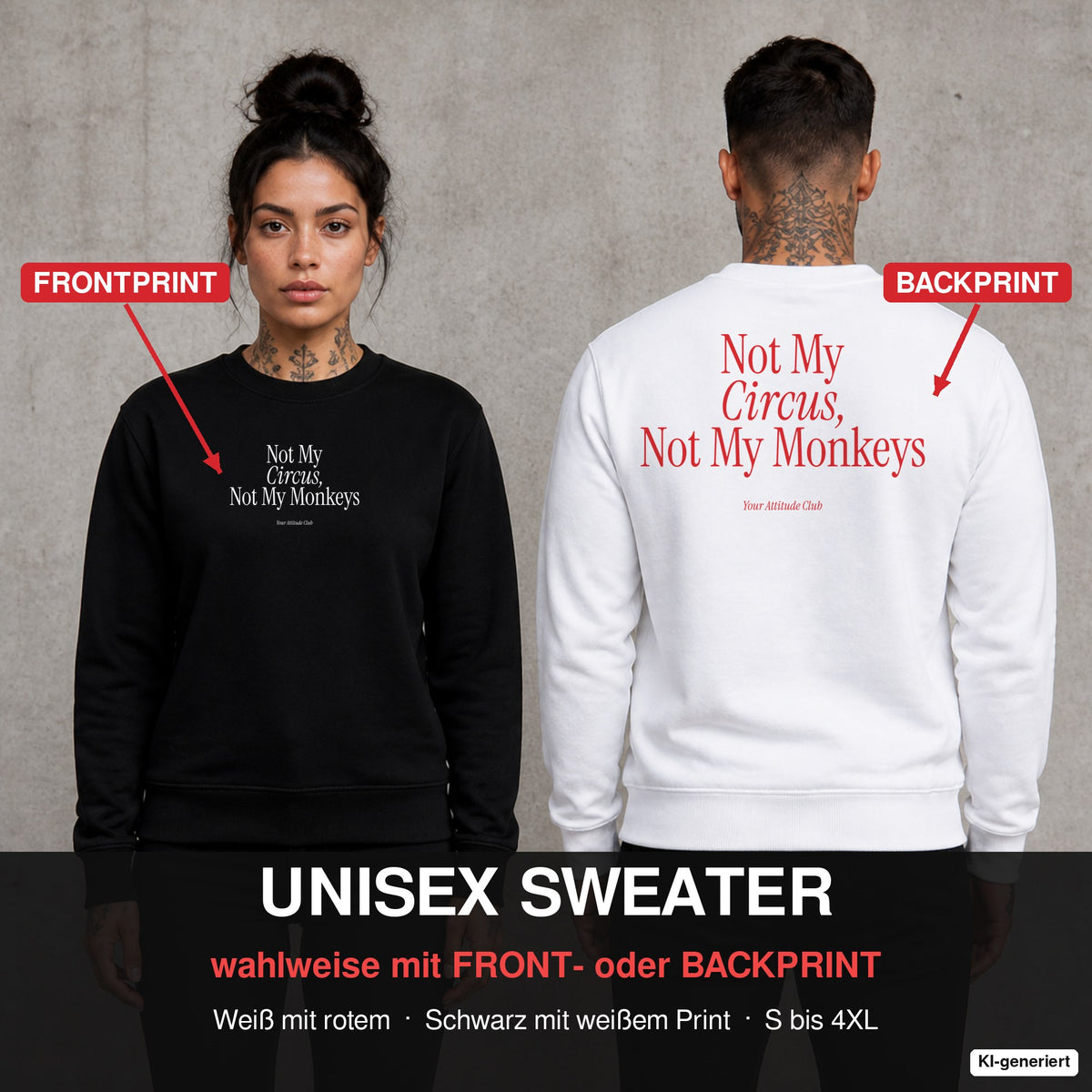 Not my circus, not my monkeys – Pullover wahlweise mit Front- oder Backprint, Paar vor Betonwand