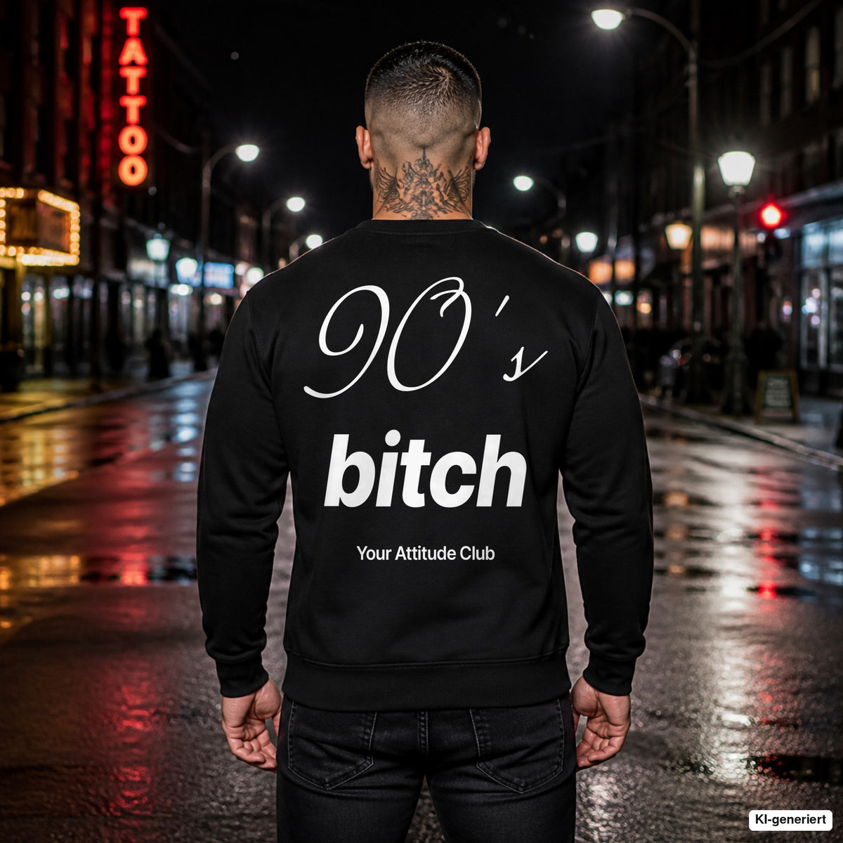 90’s bitch – schwarzer Pullover mit weißem Backprint, Herren in der Stadt bei Nacht