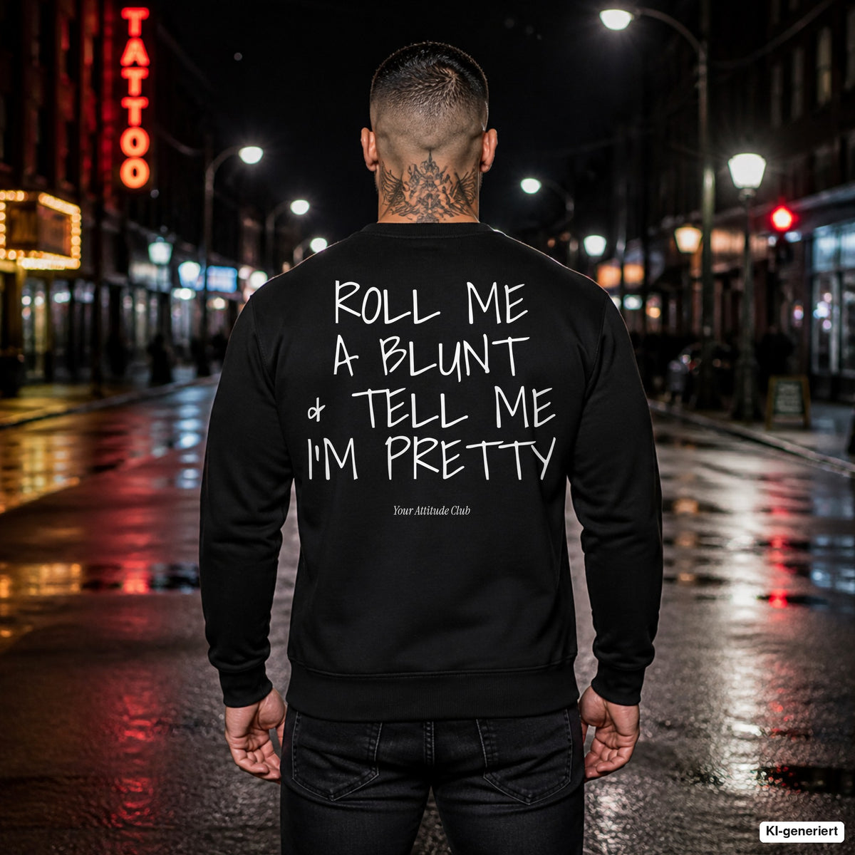 Roll me a blunt & tell me I’m pretty – schwarzer Pullover mit weißem Backprint, Herren in der Stadt bei Nacht