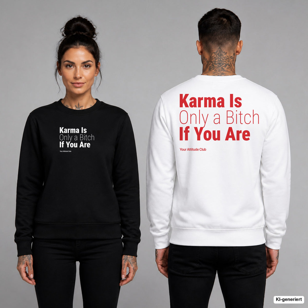 Karma is only a bitch if you are – Pullover unisex mit Frontprint (Frau, Schwarz) und Backprint (Mann, Weiß)