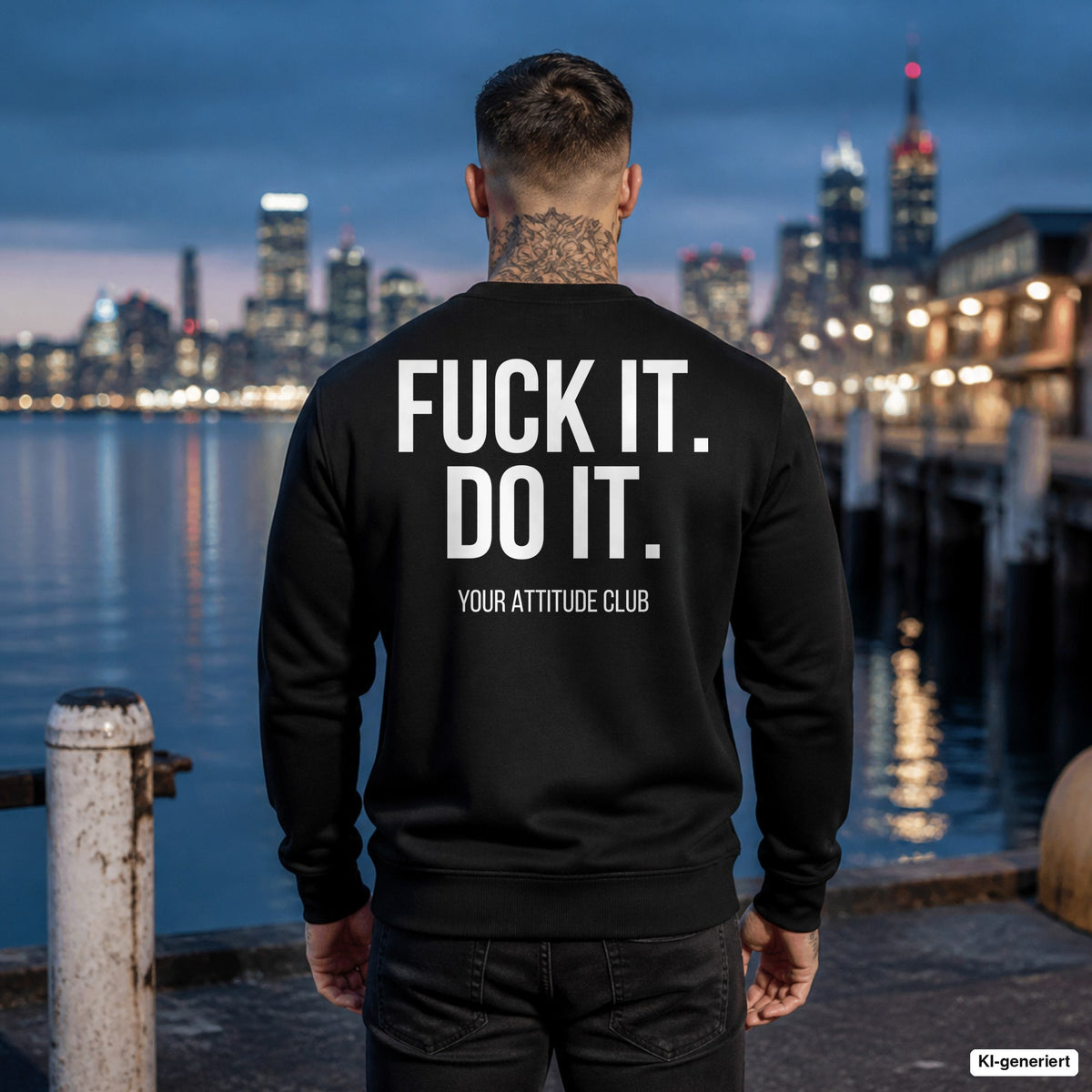 Fuck it. do it – schwarzer Pullover mit weißem Backprint, Herren am Hafen