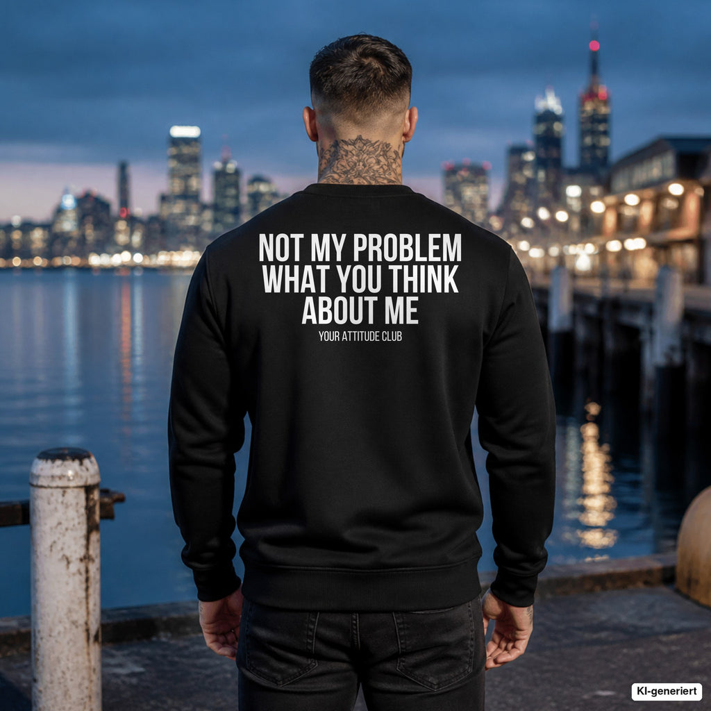Not my problem what you think about me – schwarzer Pullover mit weißem Backprint, Herren am Hafen