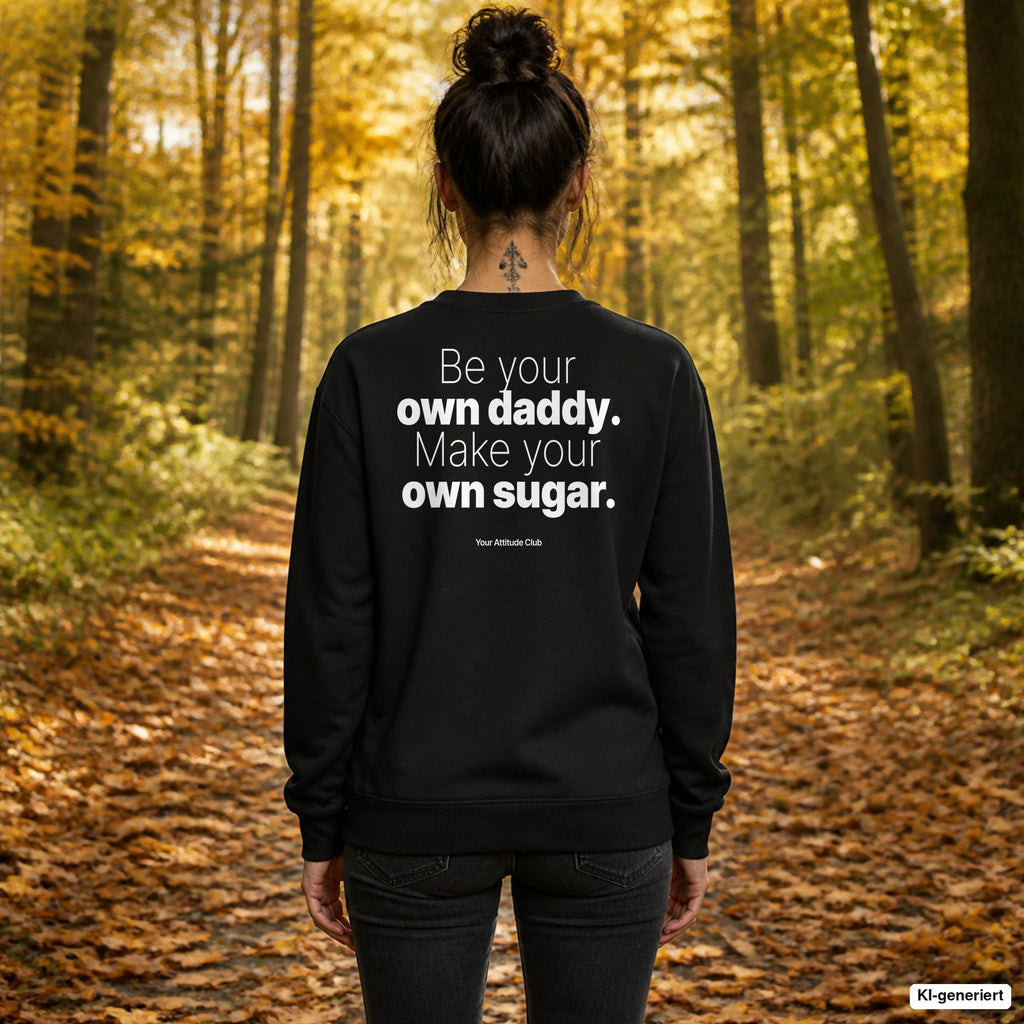 Be your own daddy. Make your own sugar. – schwarzer Pullover mit weißem Backprint, Damen beim Herbstspaziergang