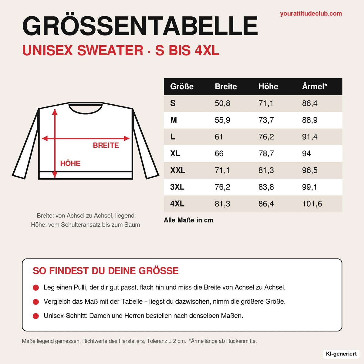 Größentabelle Unisex Pullover S bis 4XL