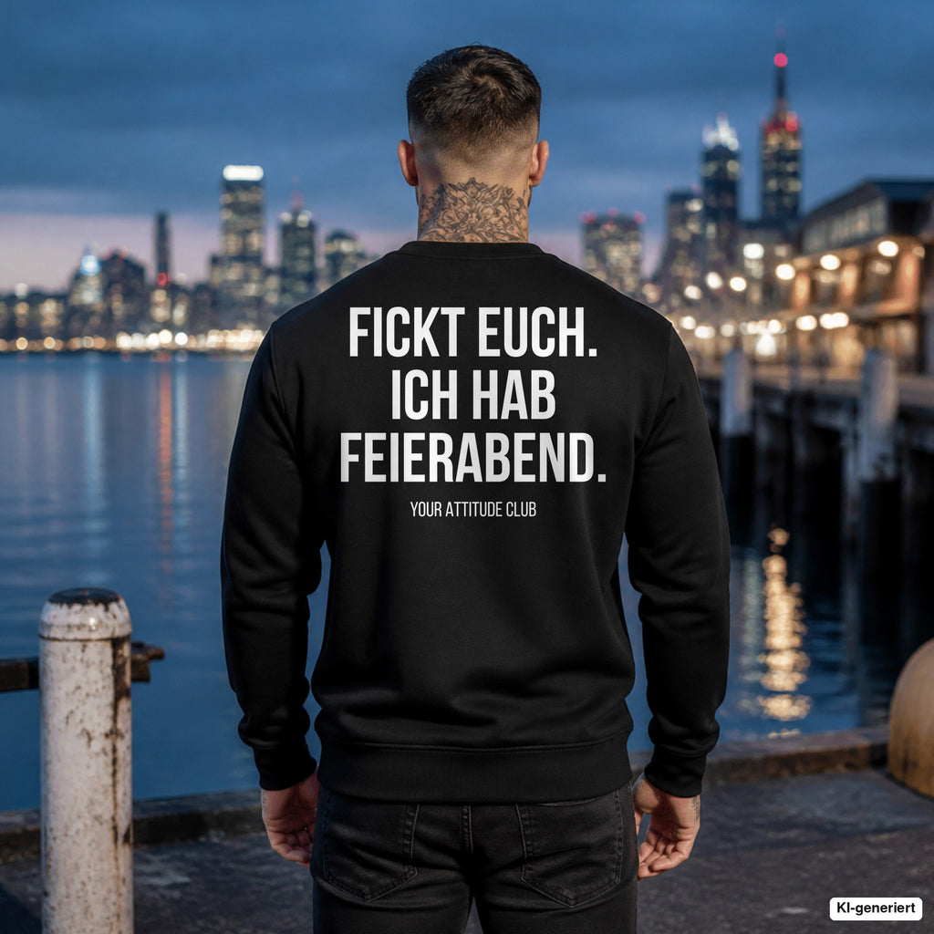 Fickt euch. Ich hab Feierabend – schwarzer Pullover mit weißem Backprint, Herren am Hafen
