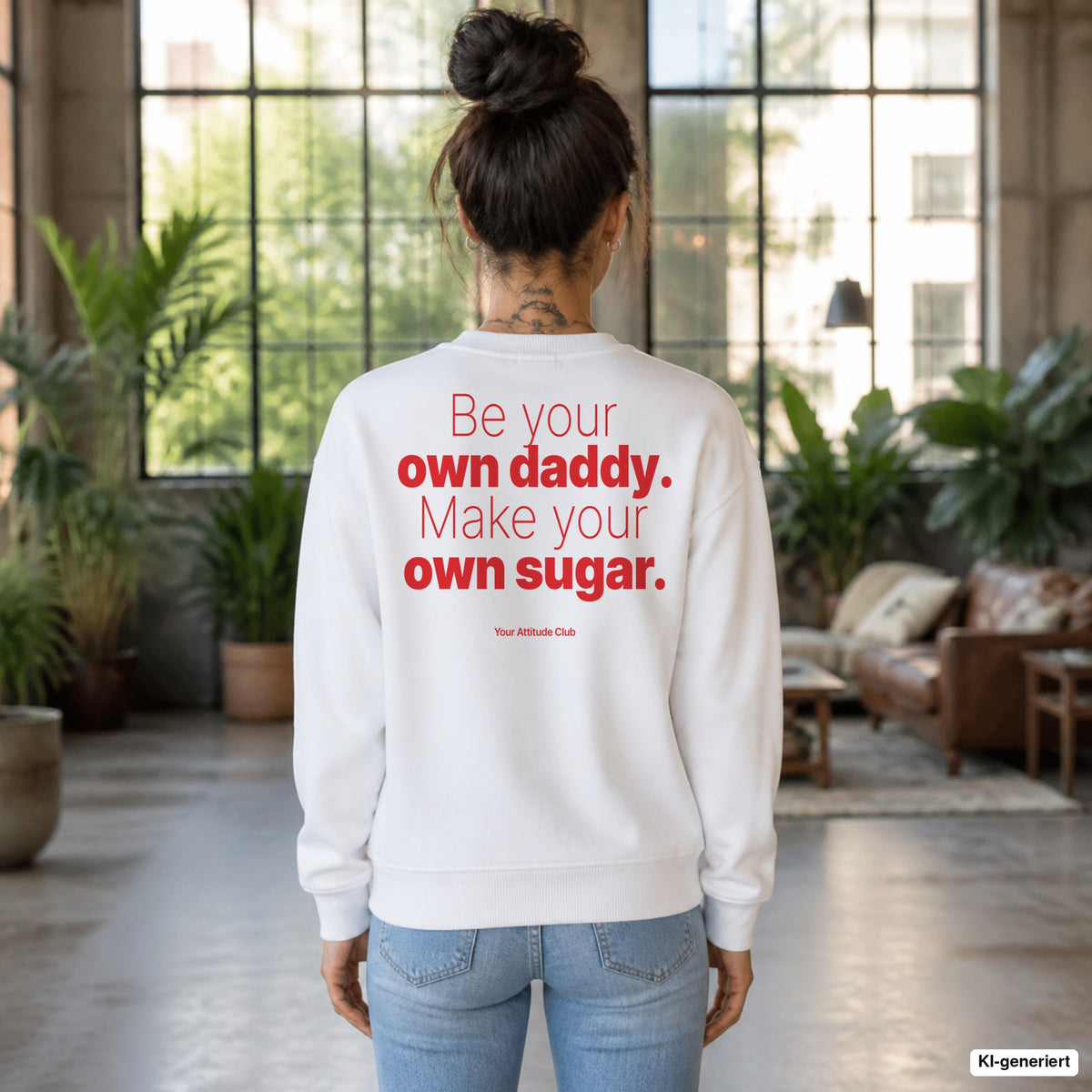 Be your own daddy. Make your own sugar. – weißer Pullover mit rotem Backprint, Damen im Loft