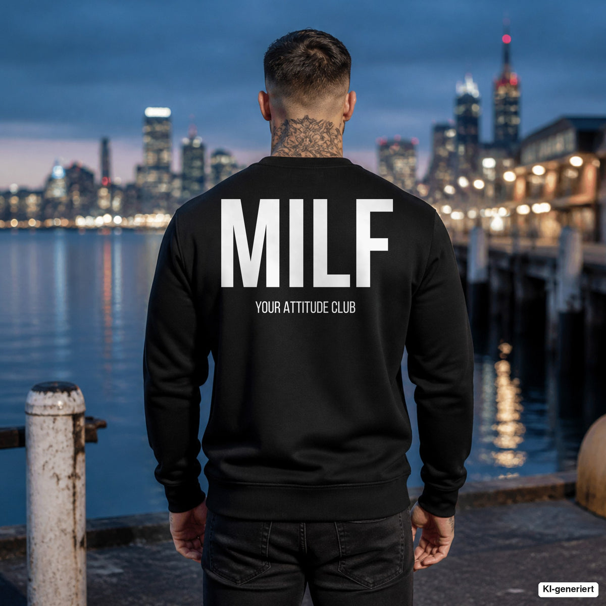 MILF – schwarzer Pullover mit weißem Backprint, Herren am Hafen