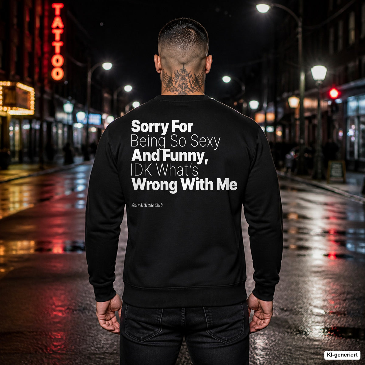Sorry for being so sexy and funny, IDK what’s wrong with me – schwarzer Pullover mit weißem Backprint, Herren in der Stadt bei Nacht