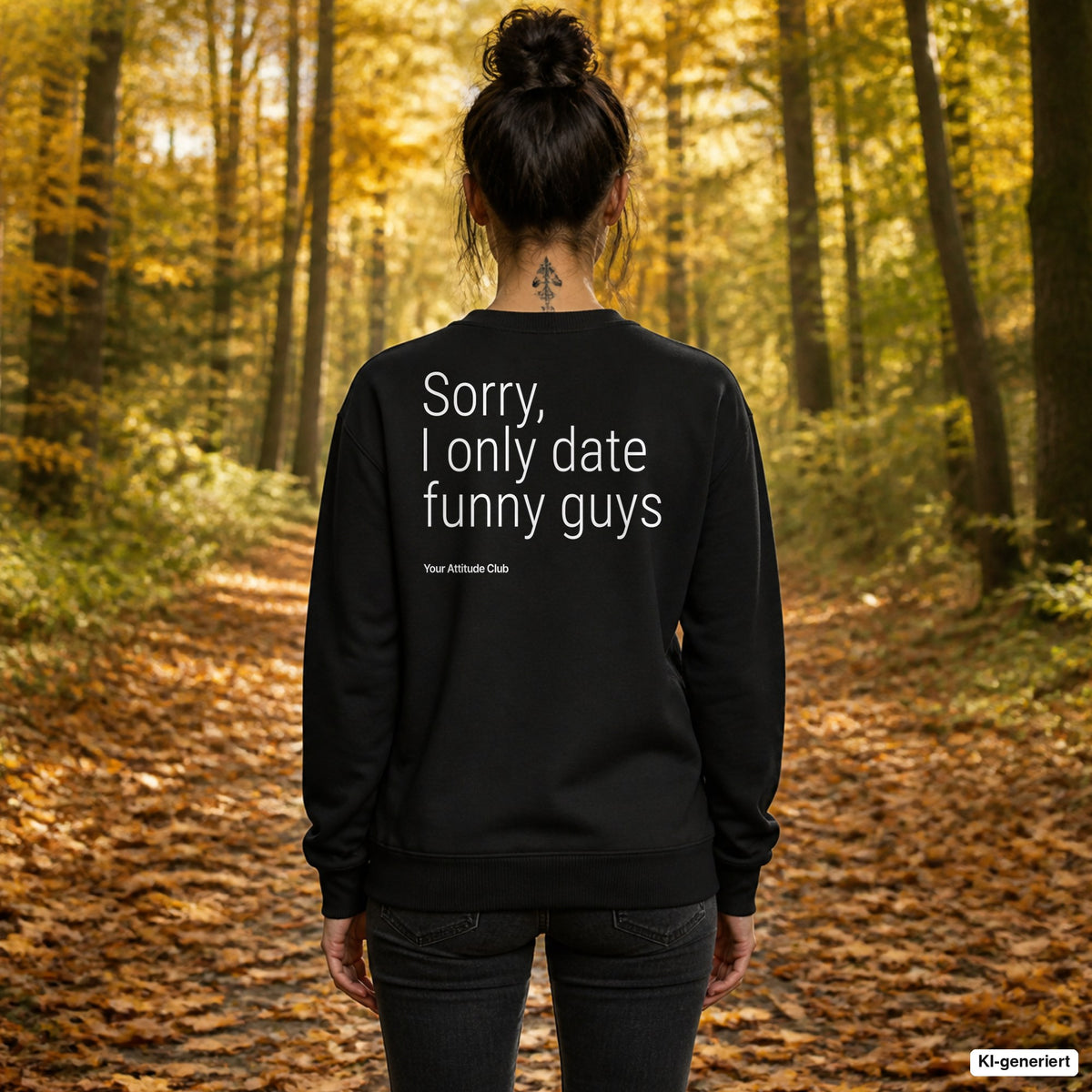 Sorry, I only date funny guys – schwarzer Pullover mit weißem Backprint, Damen beim Herbstspaziergang