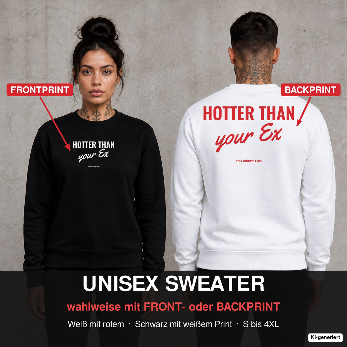 Hotter than your ex – Pullover wahlweise mit Front- oder Backprint, Paar vor Betonwand