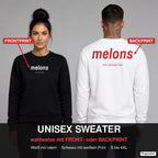Melons – Pullover wahlweise mit Frontprint oder Backprint – Frau vorne in Schwarz, Mann hinten in Weiß