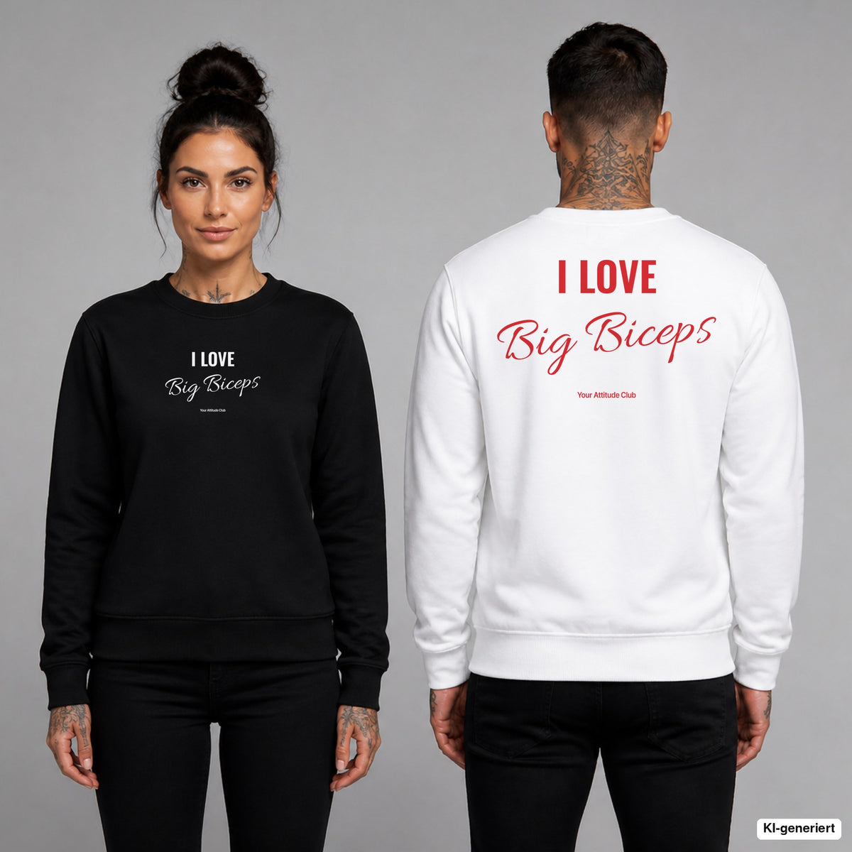 I love big biceps – Pullover unisex mit Frontprint (Frau, Schwarz) und Backprint (Mann, Weiß)
