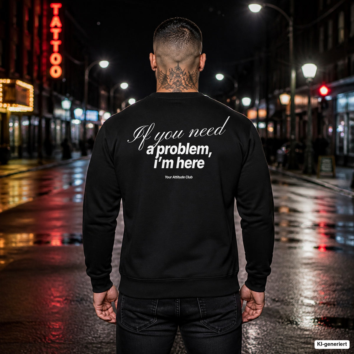 If you need a problem, I’m here – schwarzer Pullover mit weißem Backprint, Herren in der Stadt bei Nacht