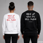 Woke up sexy as hell again – Pullover mit Backprint, Frau in Weiß mit rotem und Mann in Schwarz mit weißem Aufdruck