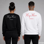 Pussy power – Pullover mit Backprint, Frau in Schwarz und Mann in Weiß