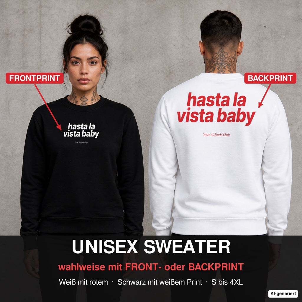 Hasta la vista, baby – Pullover wahlweise mit Front- oder Backprint, Paar vor Betonwand