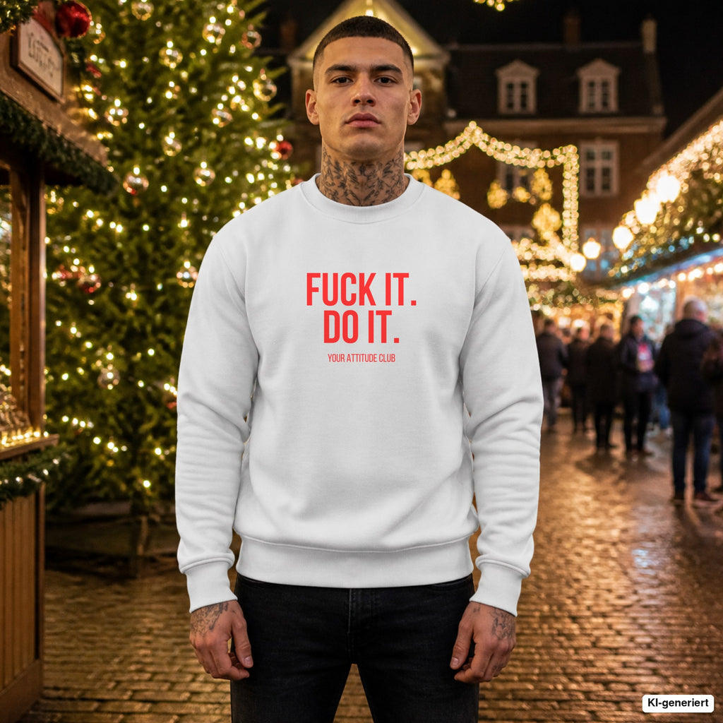 Fuck it. do it – weißer Pullover mit rotem Frontprint, Herren auf dem Weihnachtsmarkt