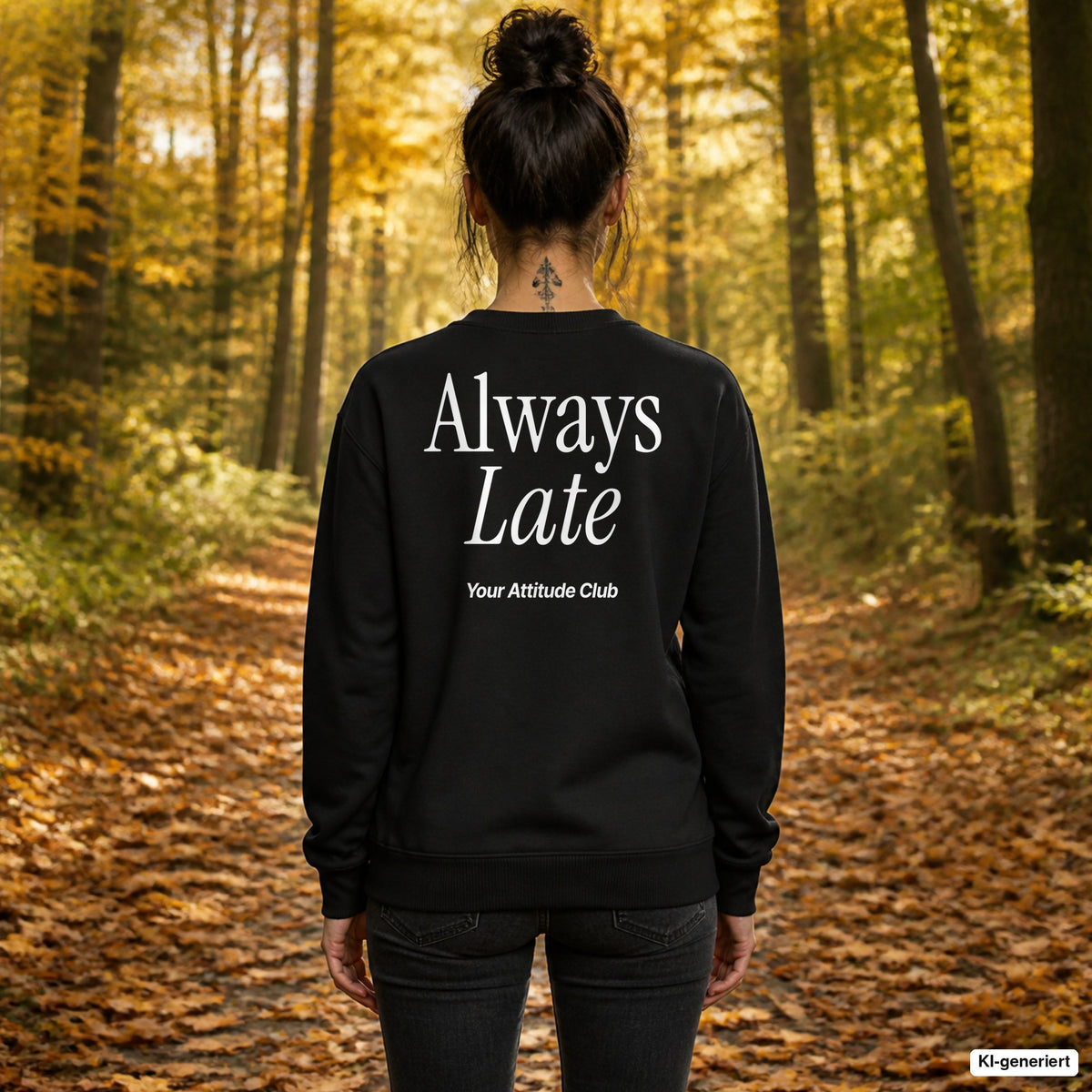 Always late – schwarzer Pullover mit weißem Backprint, Damen beim Herbstspaziergang
