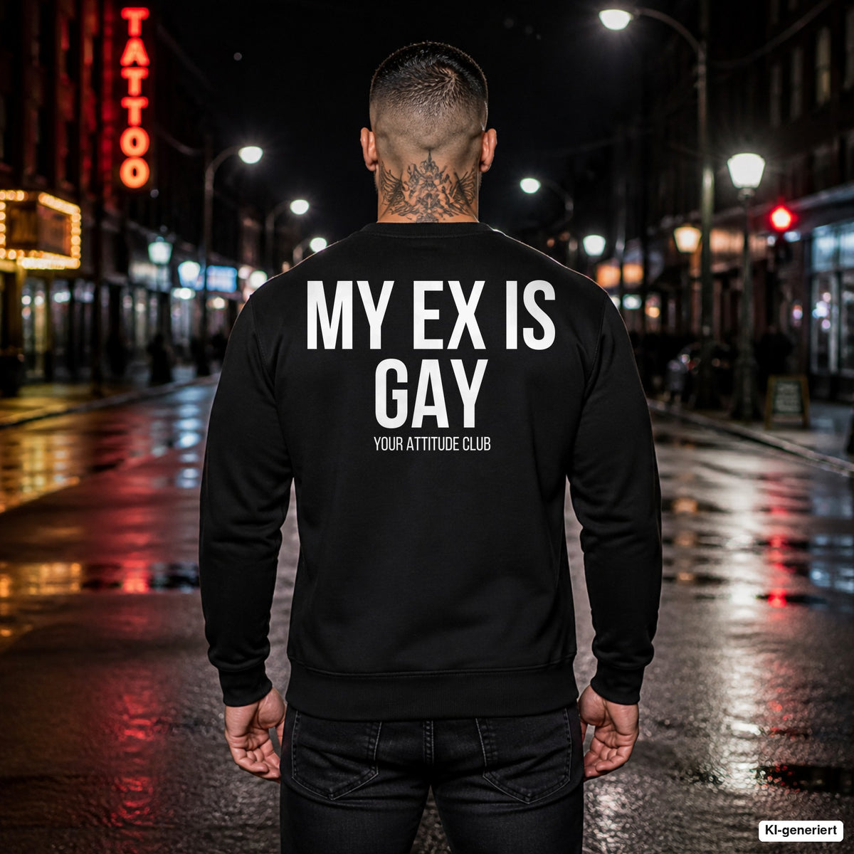 My ex is gay – schwarzer Pullover mit weißem Backprint, Herren in der Stadt bei Nacht