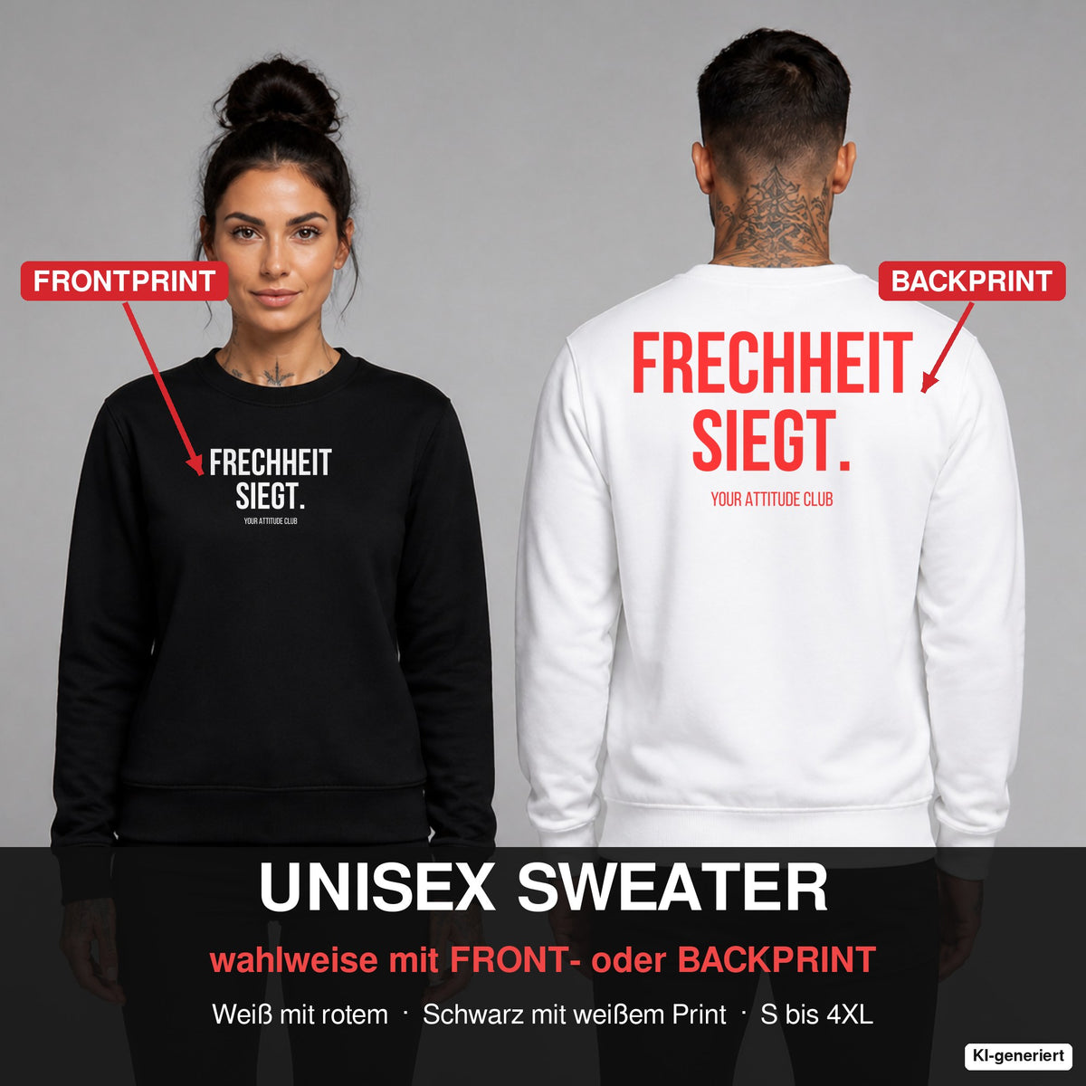 FRECHHEIT SIEGT. – Pullover wahlweise mit Frontprint oder Backprint – Frau vorne in Schwarz, Mann hinten in Weiß