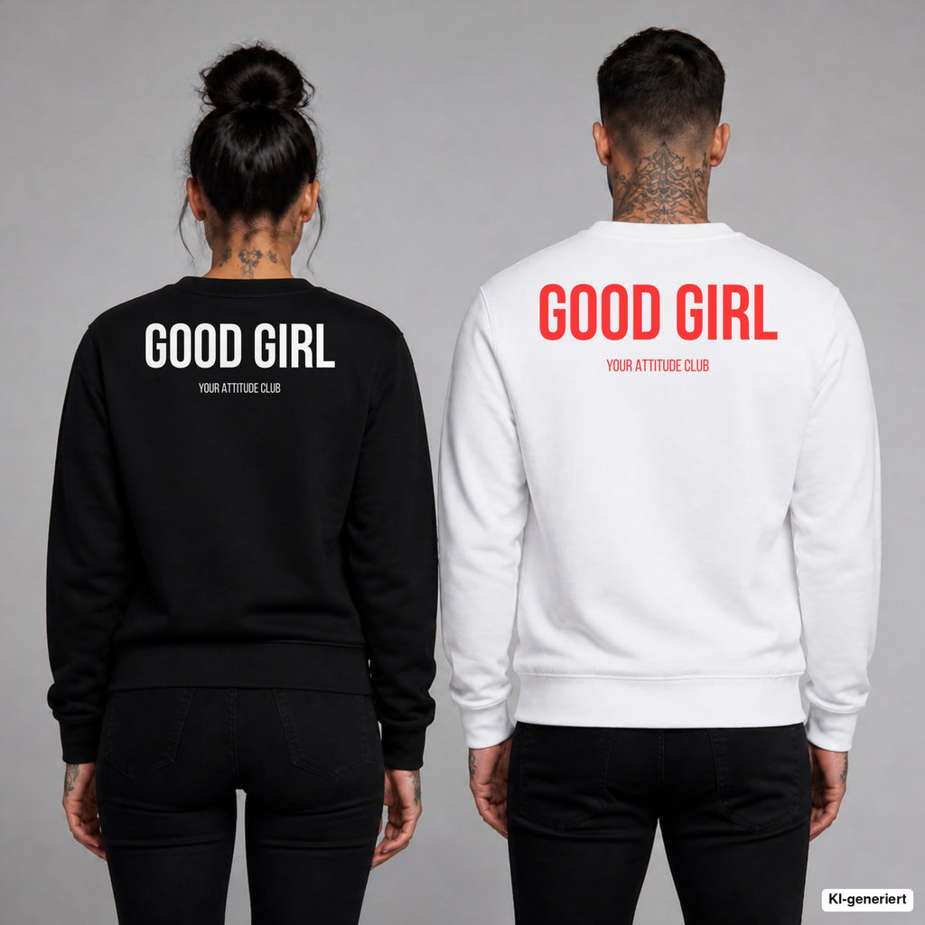 GOOD GIRL – Pullover mit Backprint, Frau in Schwarz und Mann in Weiß