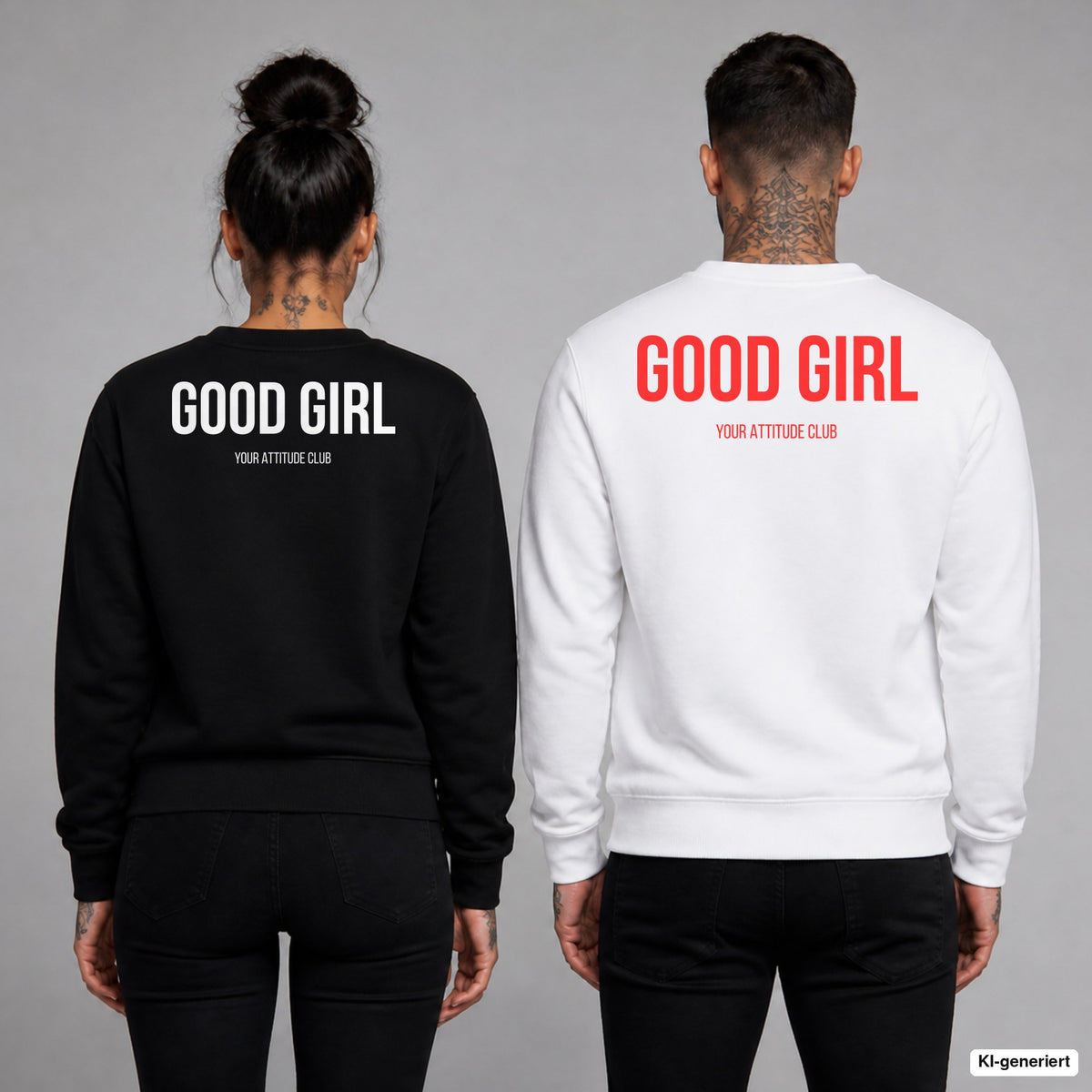 GOOD GIRL – Pullover mit Backprint, Frau in Schwarz und Mann in Weiß