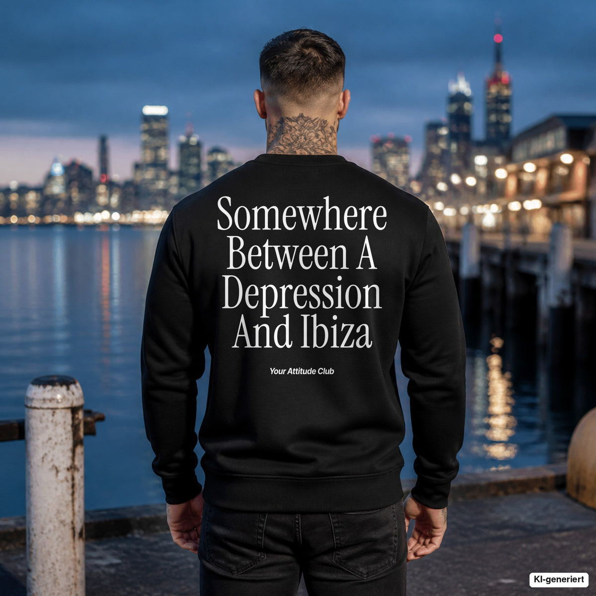 Somewhere between a depression and Ibiza – schwarzer Pullover mit weißem Backprint, Herren am Hafen