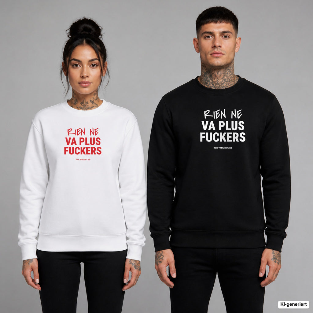 Rien ne va plus, fuckers – Pullover mit Frontprint, Frau in Weiß mit rotem und Mann in Schwarz mit weißem Aufdruck