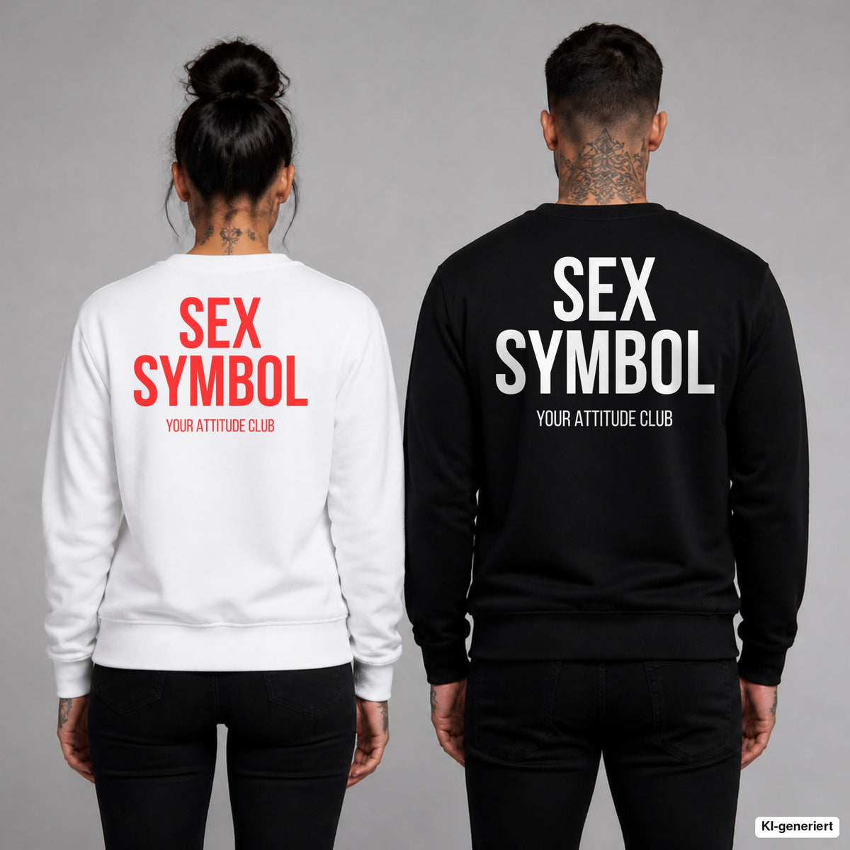 SEX SYMBOL – Pullover mit Backprint, Frau in Weiß mit rotem und Mann in Schwarz mit weißem Aufdruck
