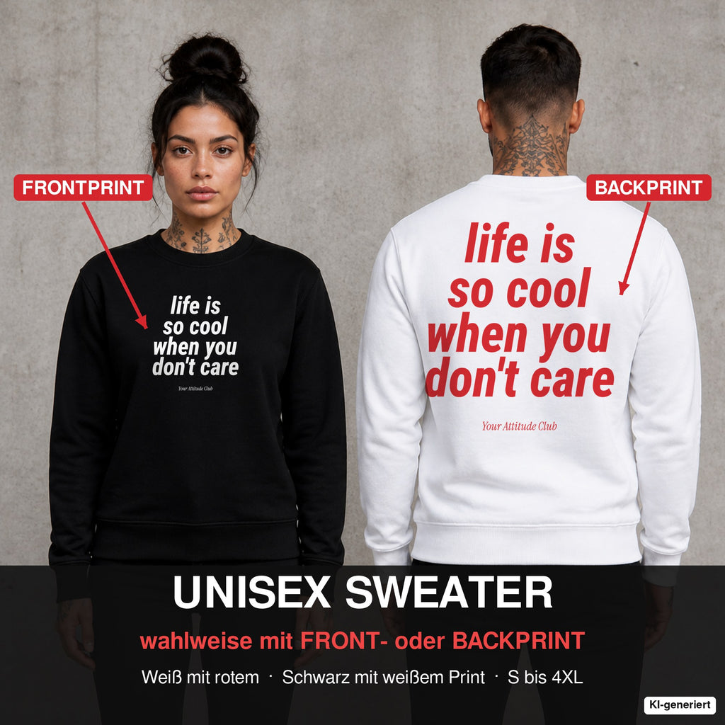 Life is so cool when you don’t care – Pullover wahlweise mit Front- oder Backprint, Paar vor Betonwand