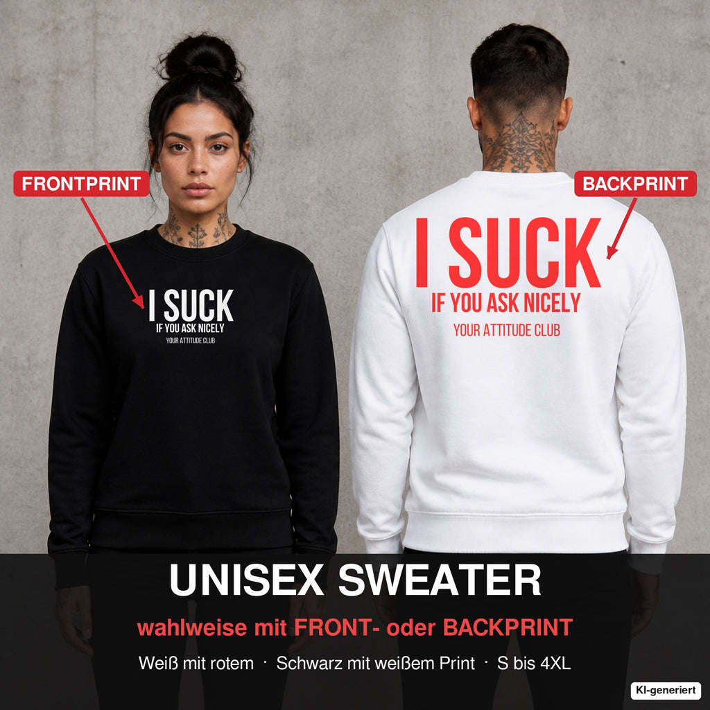 I suck if you ask nicely – Pullover wahlweise mit Front- oder Backprint, Paar vor Betonwand