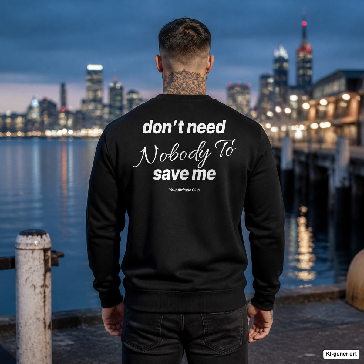 Don’t need nobody to save me – schwarzer Pullover mit weißem Backprint, Herren am Hafen