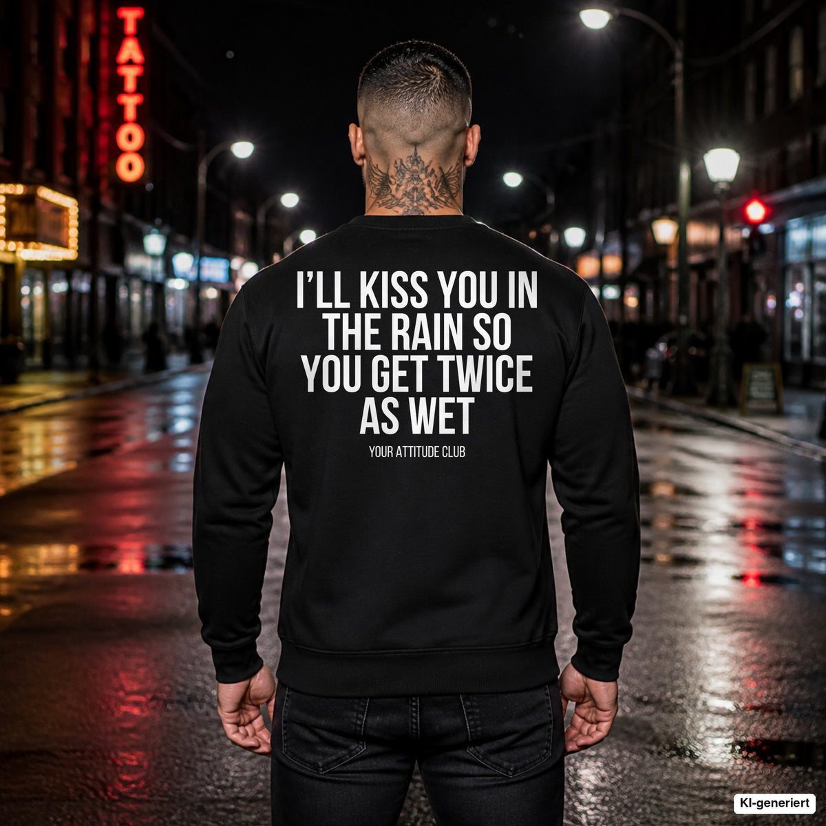 I’ll kiss you in the rain so you get twice as wet – schwarzer Pullover mit weißem Backprint, Herren in der Stadt bei Nacht