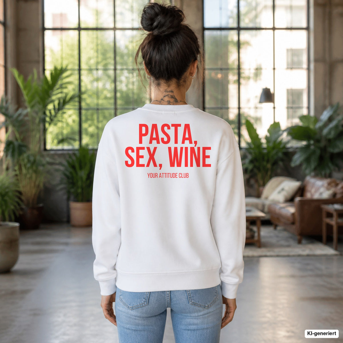 PASTA, SEX, WINE – weißer Pullover mit rotem Backprint, Damen im Loft