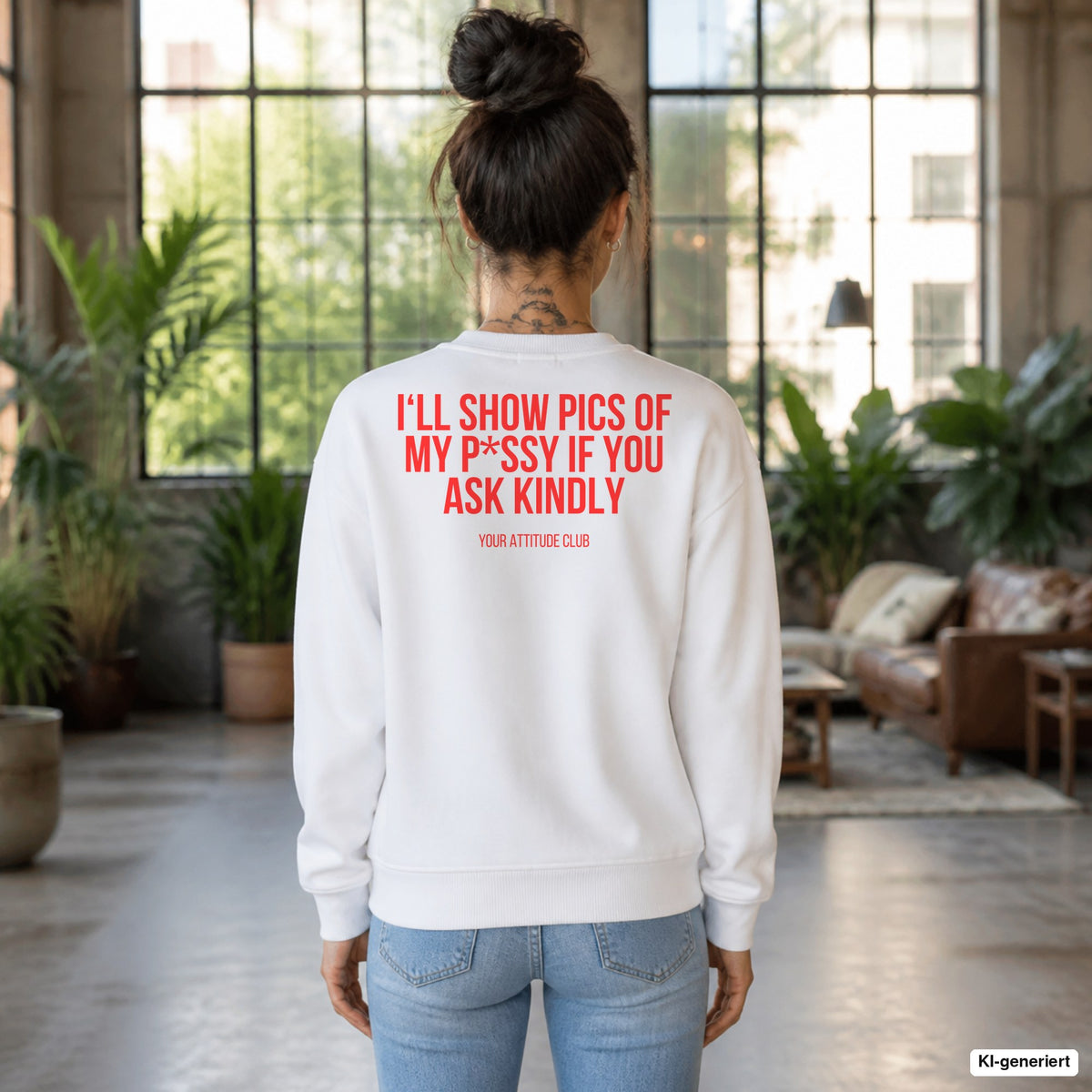 I‘ll show pics of my p*ssy if you ask kindly – weißer Pullover mit rotem Backprint, Damen im Loft