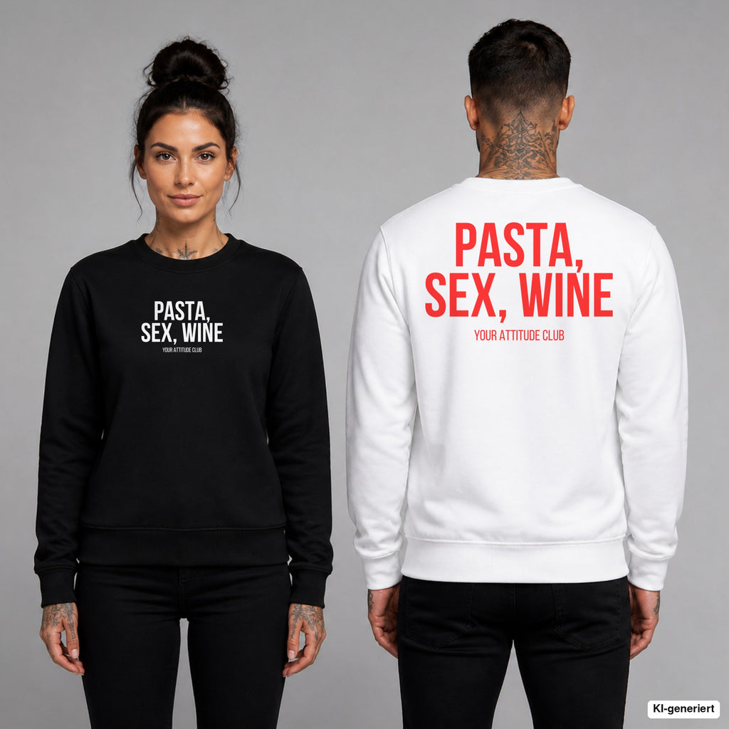 PASTA, SEX, WINE – Pullover unisex mit Frontprint (Frau, Schwarz) und Backprint (Mann, Weiß)