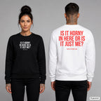 Is it horny in here or is it just me – Pullover unisex mit Frontprint (Frau, Schwarz) und Backprint (Mann, Weiß)