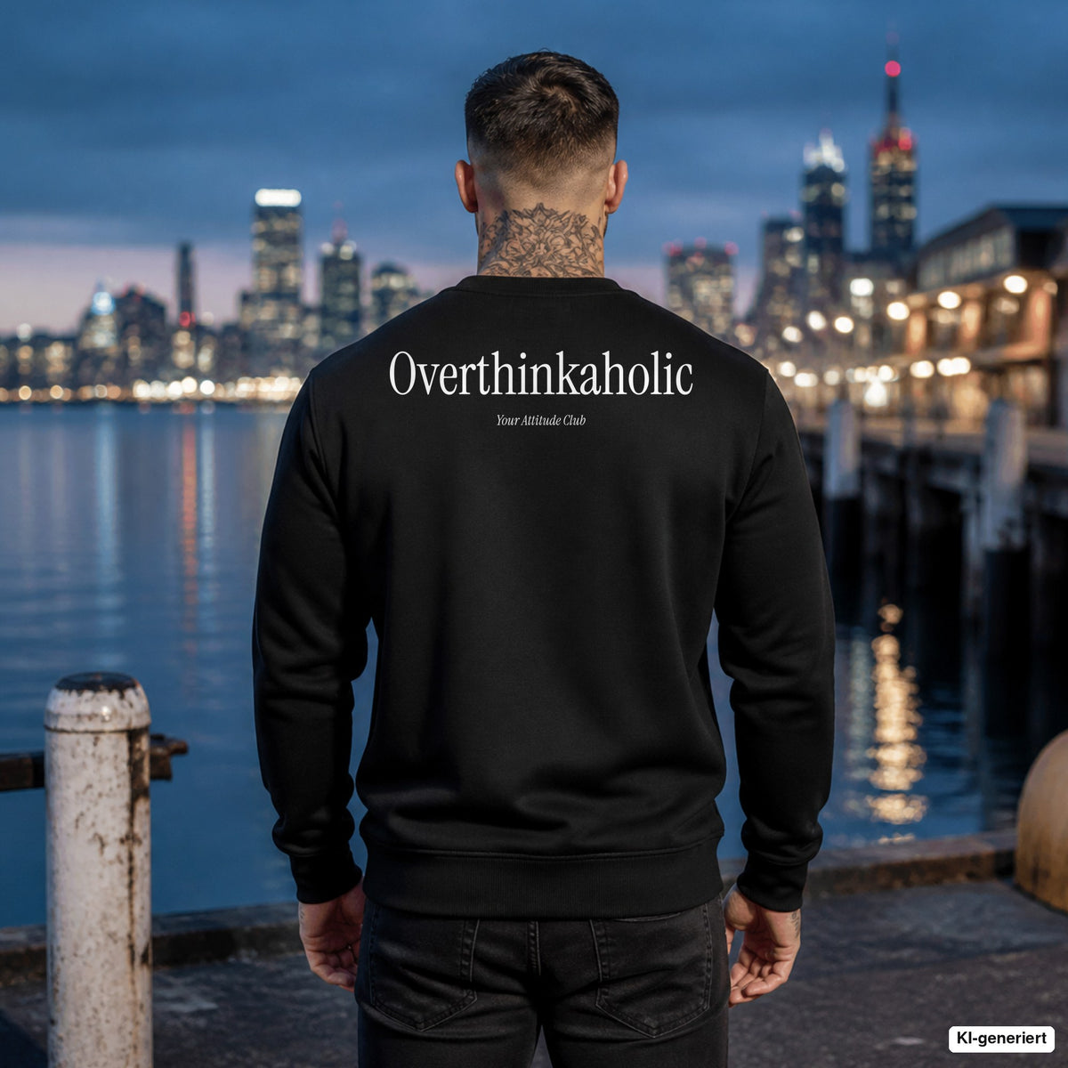 Overthinkaholic – schwarzer Pullover mit weißem Backprint, Herren am Hafen