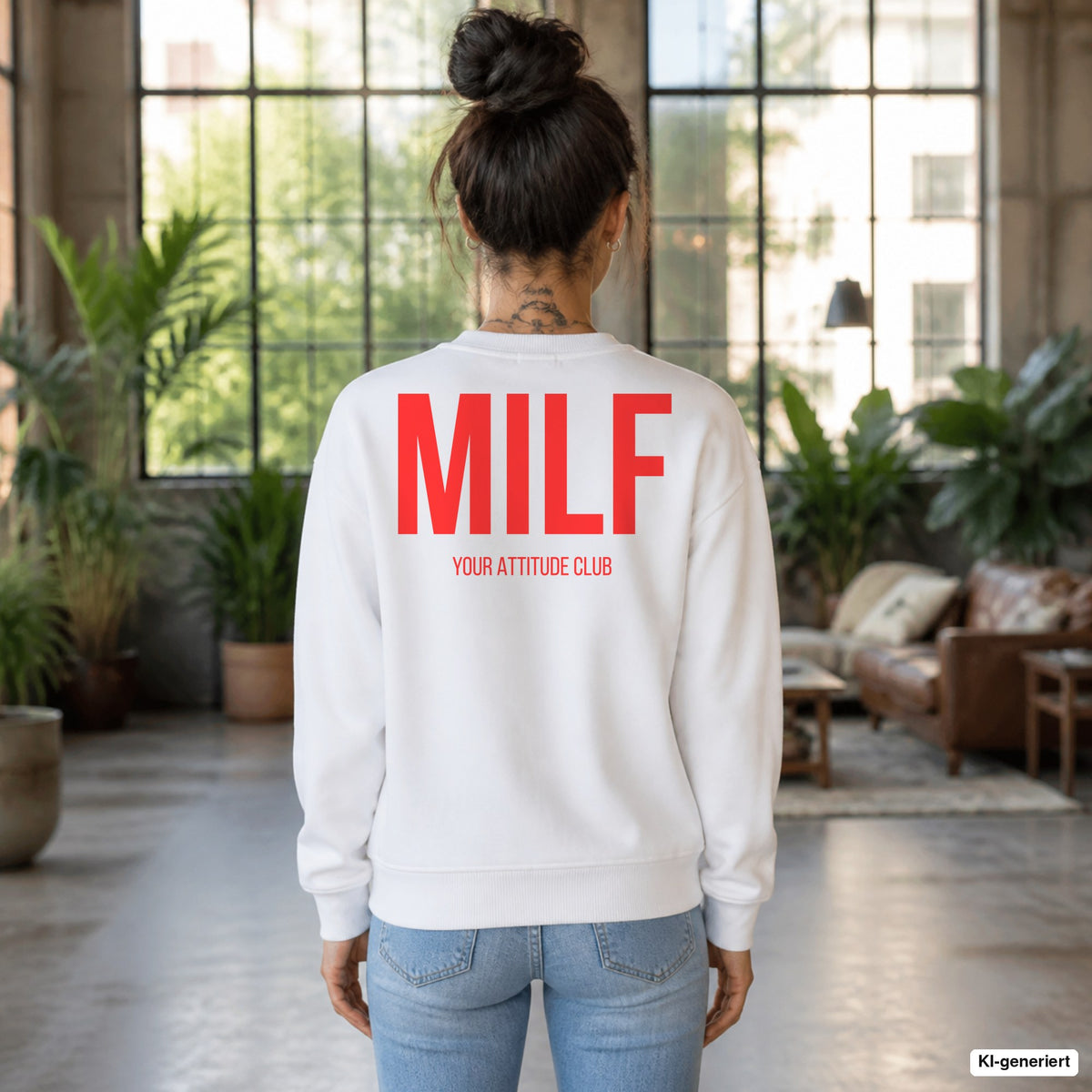 MILF – weißer Pullover mit rotem Backprint, Damen im Loft