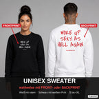 Woke up sexy as hell again – Pullover wahlweise mit Frontprint oder Backprint – Frau vorne in Schwarz, Mann hinten in Weiß