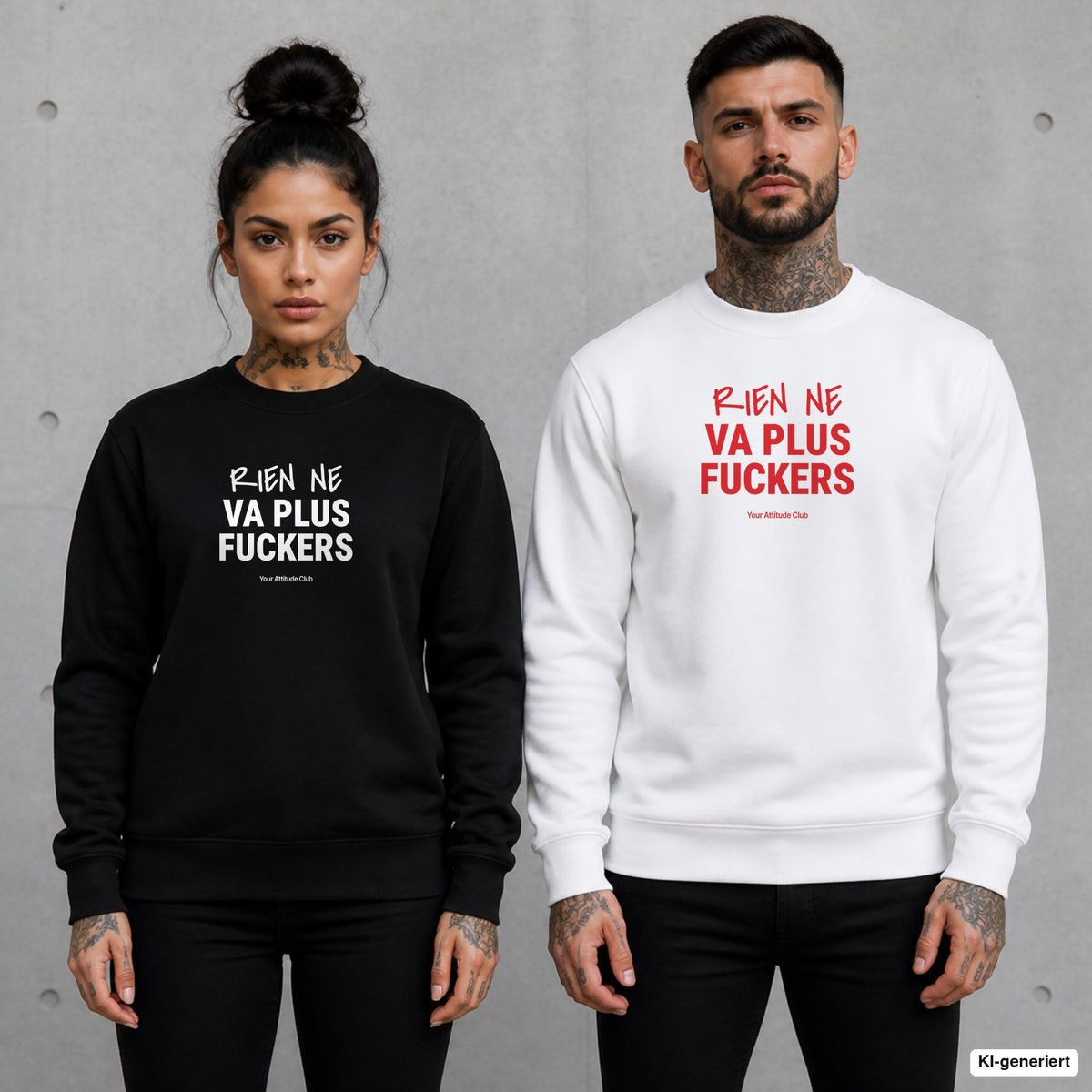 Rien ne va plus, fuckers – Pullover mit Frontprint, Frau in Schwarz und Mann in Weiß vor Betonwand