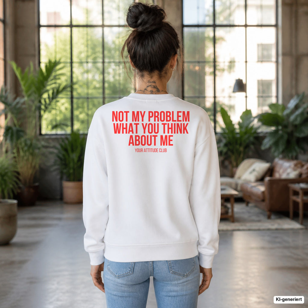 Not my problem what you think about me – weißer Pullover mit rotem Backprint, Damen im Loft