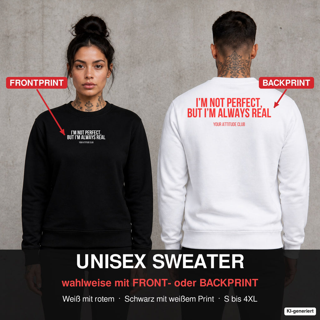I’m not perfect, but I’m always real – Pullover wahlweise mit Front- oder Backprint, Paar vor Betonwand