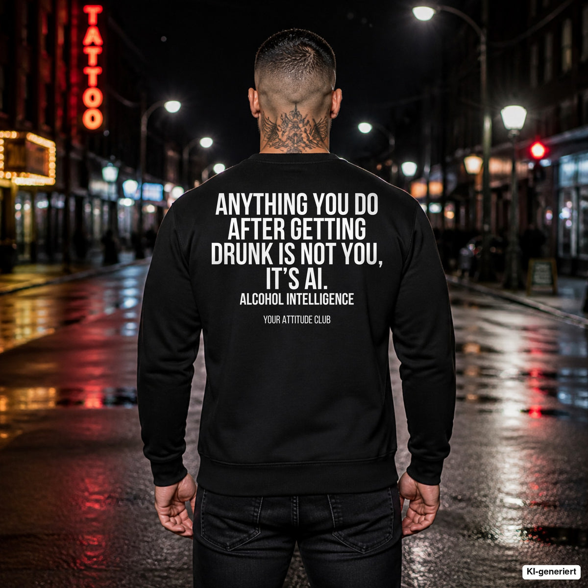 Anything you do after getting drunk is not you, it’s Ai. alcohol intelligence – schwarzer Pullover mit weißem Backprint, Herren in der Stadt bei Nacht